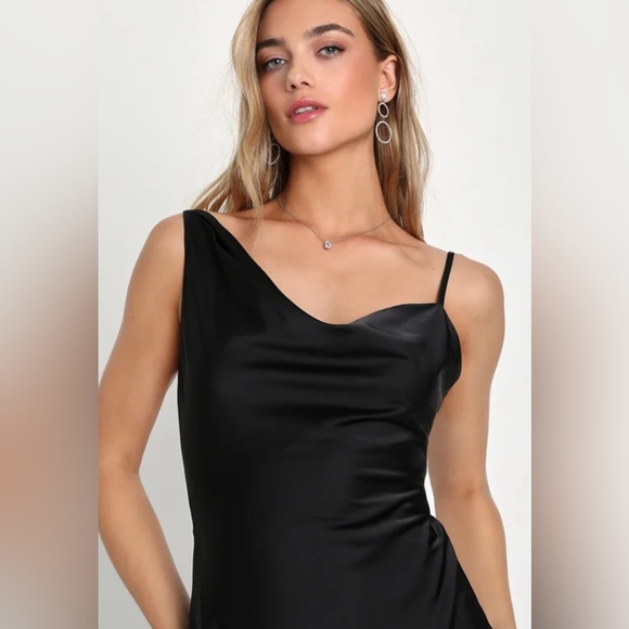Lulu’s Black Satin Asymmetrical Maxi Dress - Picture 2 of 6